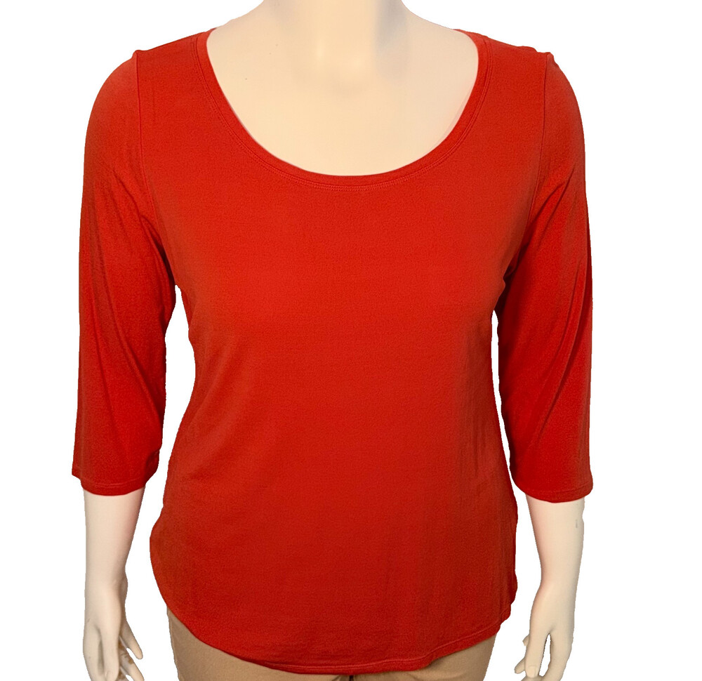 Eileen Fisher Tunic Top Womens L Orangey Red 100% Silk 3/4 Sleeve Scoop Neck